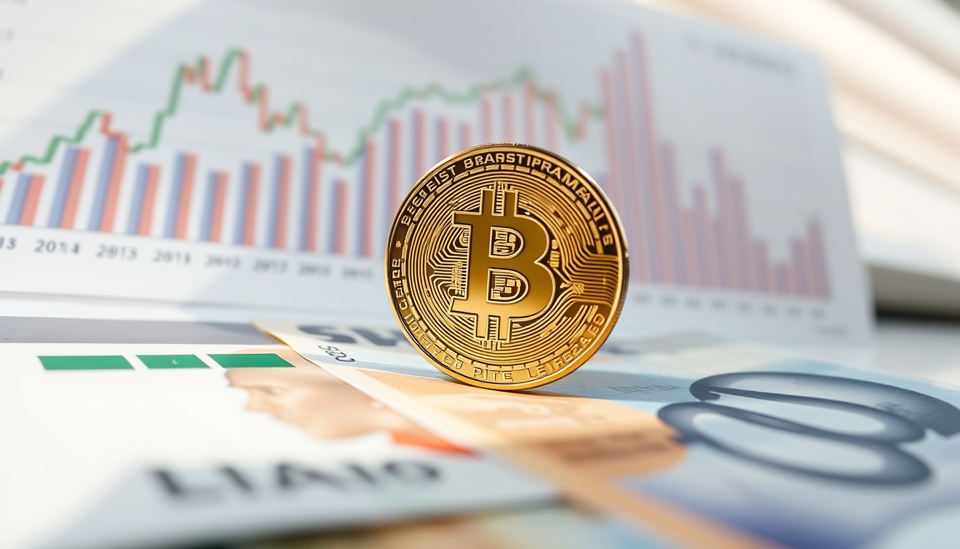 Moeda física de Bitcoin sobre cédulas de real com gráfico em estilo editorial