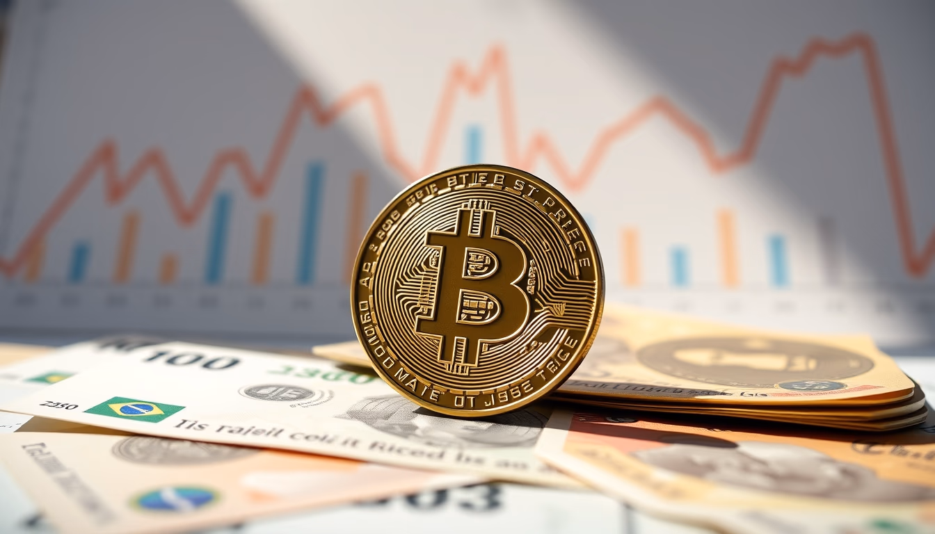 Moeda física de Bitcoin sobre cédulas de real com gráfico em estilo editorial