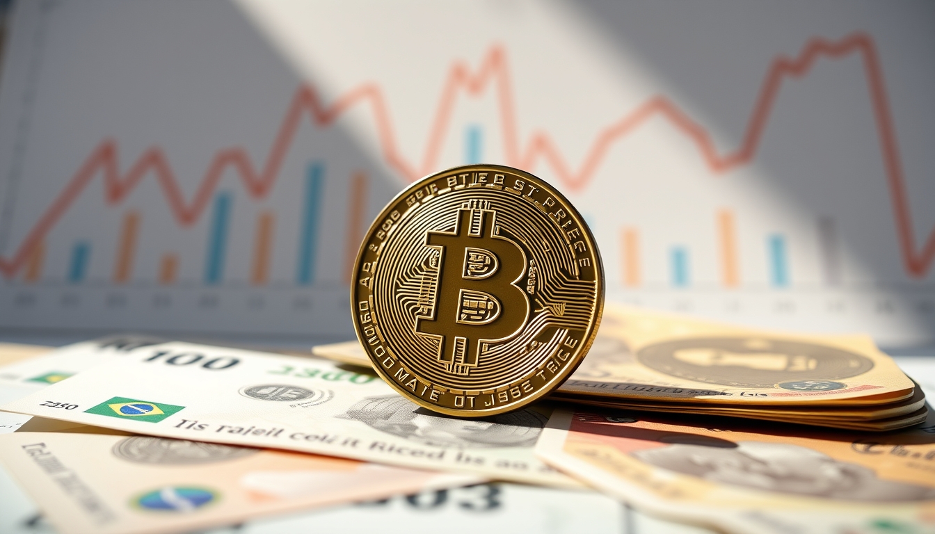 Moeda física de Bitcoin sobre cédulas de real com gráfico em estilo editorial