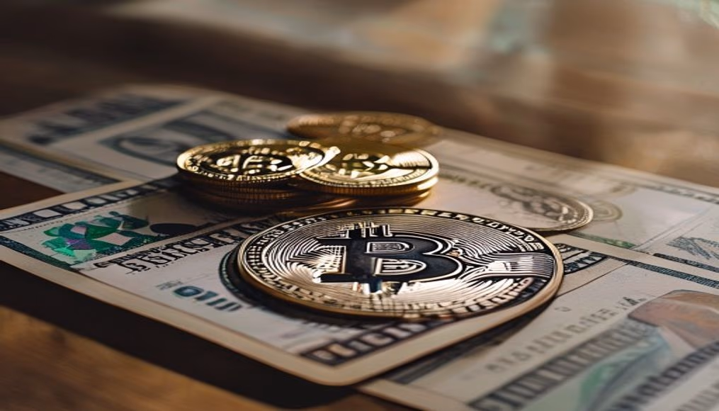 Moeda física de Bitcoin sobre cédulas de real com gráfico em estilo editorial