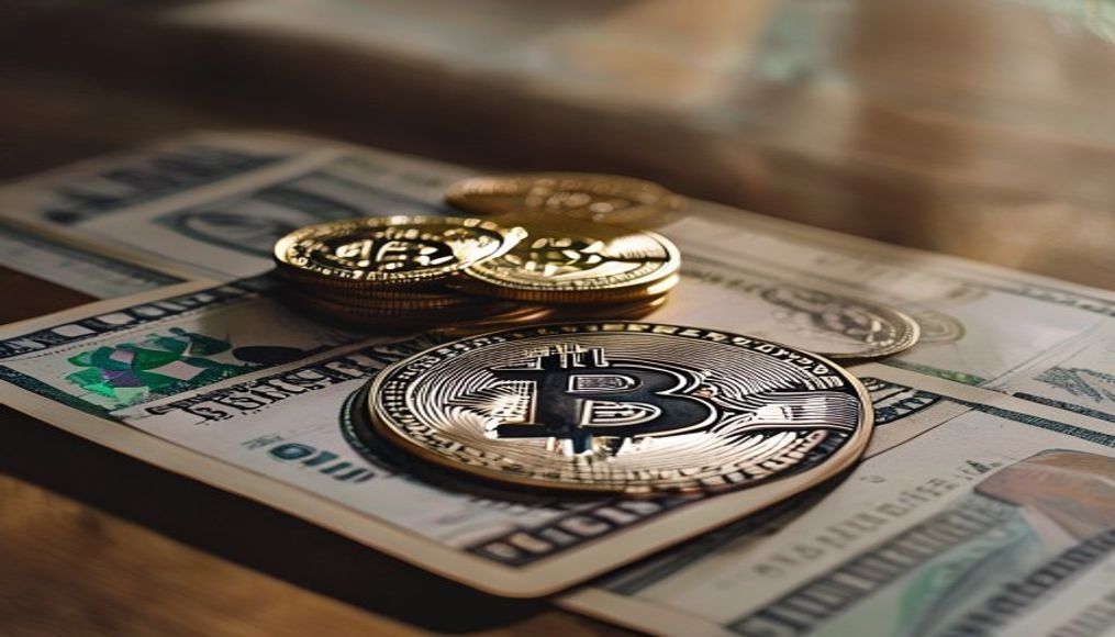 Moeda física de Bitcoin sobre cédulas de real com gráfico em estilo editorial