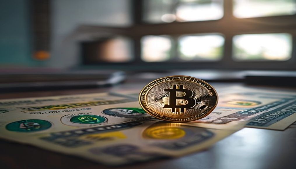 Moeda física de Bitcoin sobre cédulas de real com gráfico em estilo editorial