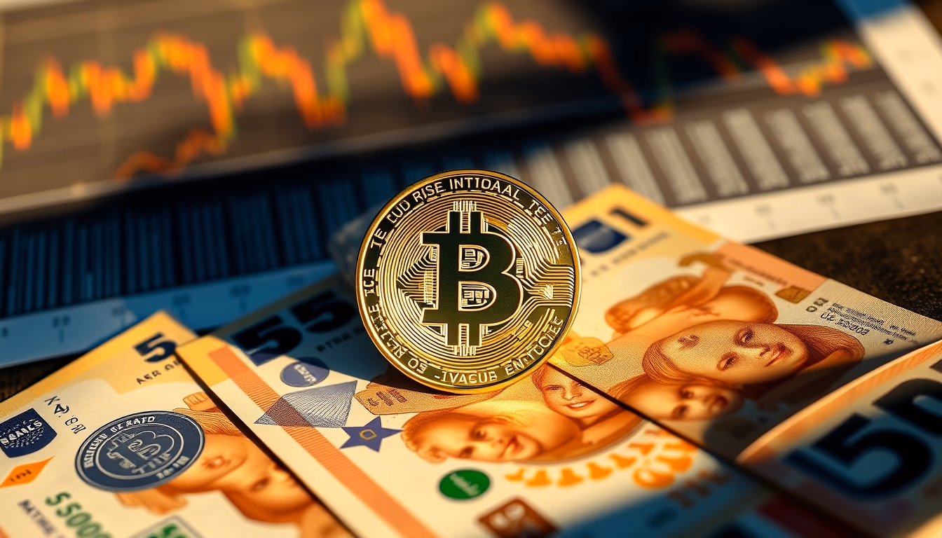 physical Bitcoin coin on Brazilian Real banknotes with chart in background in editorial style