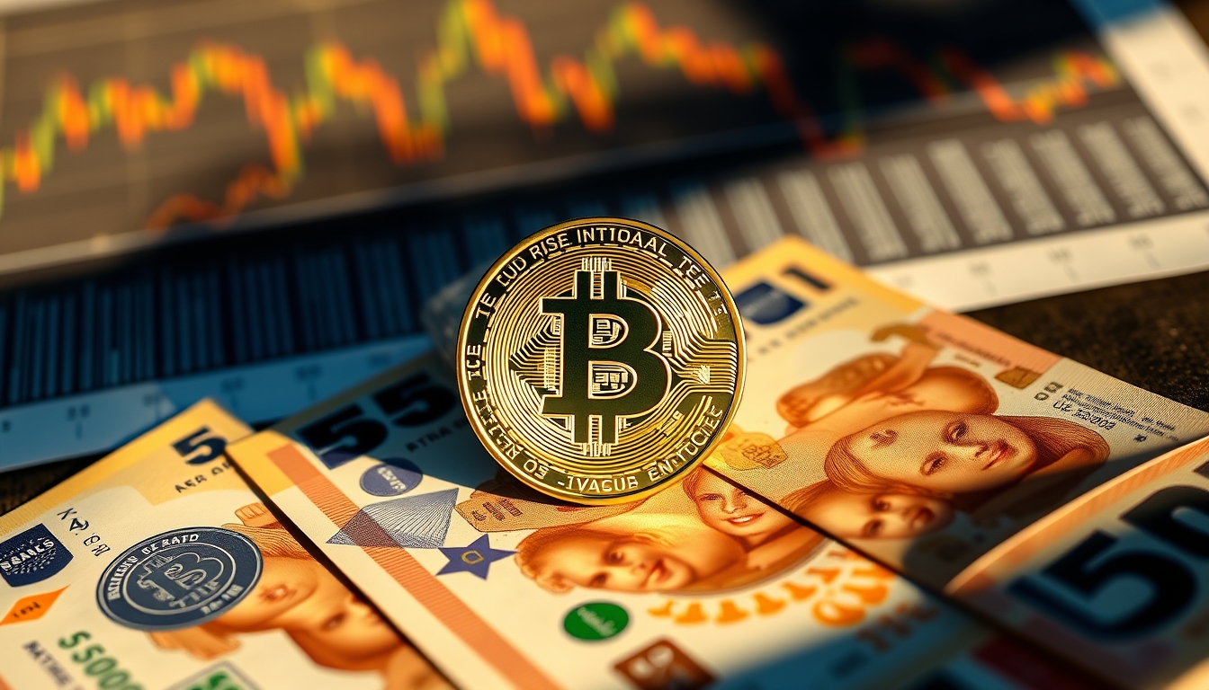 Moeda física de Bitcoin sobre cédulas de real com gráfico em estilo editorial