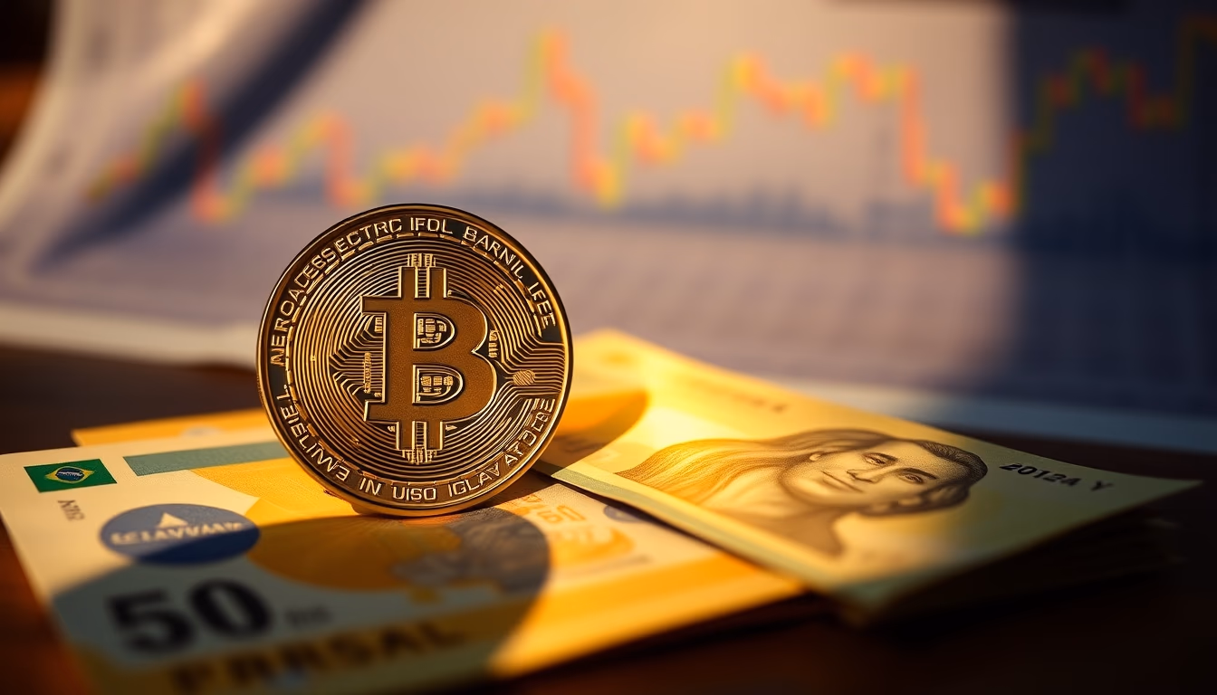 physical Bitcoin coin on Brazilian Real banknotes with chart in background in editorial style