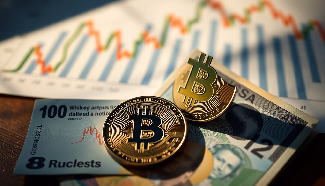 physical Bitcoin coin on Brazilian Real banknotes with chart in background in editorial style