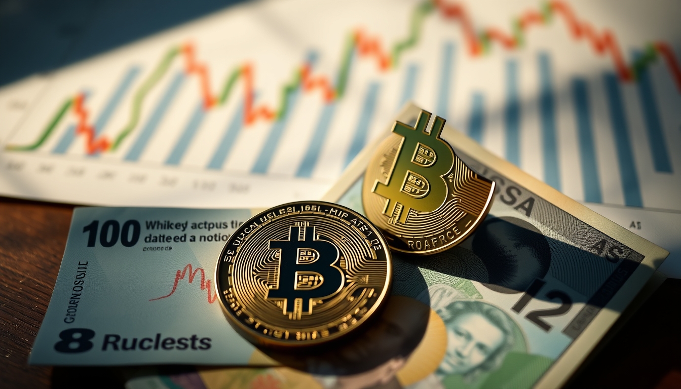 Moeda física de Bitcoin sobre cédulas de real com gráfico em estilo editorial