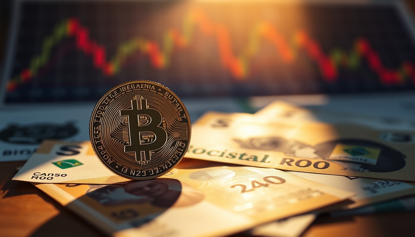 Moeda física de Bitcoin sobre cédulas de real com gráfico em estilo editorial