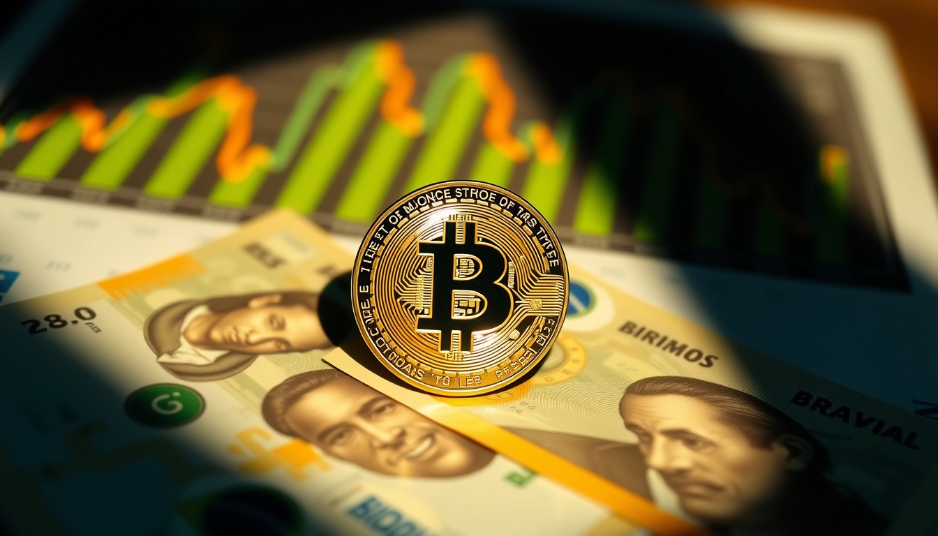 Moeda física de Bitcoin sobre cédulas de real com gráfico em estilo editorial