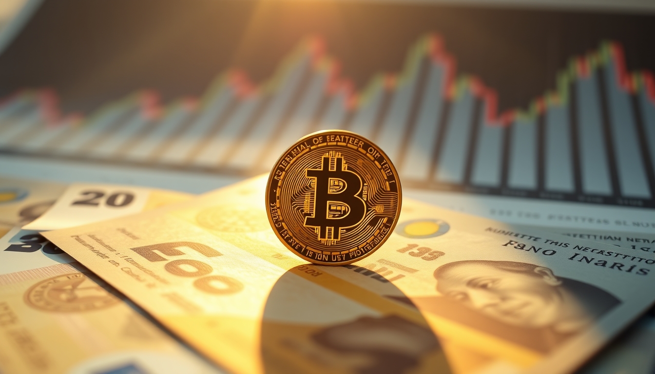 Moeda física de Bitcoin sobre cédulas de real com gráfico em estilo editorial