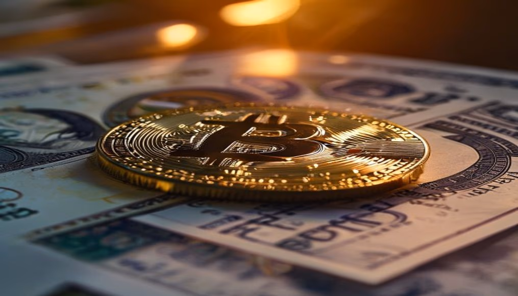 Moeda física de Bitcoin sobre cédulas de real com gráfico em estilo editorial