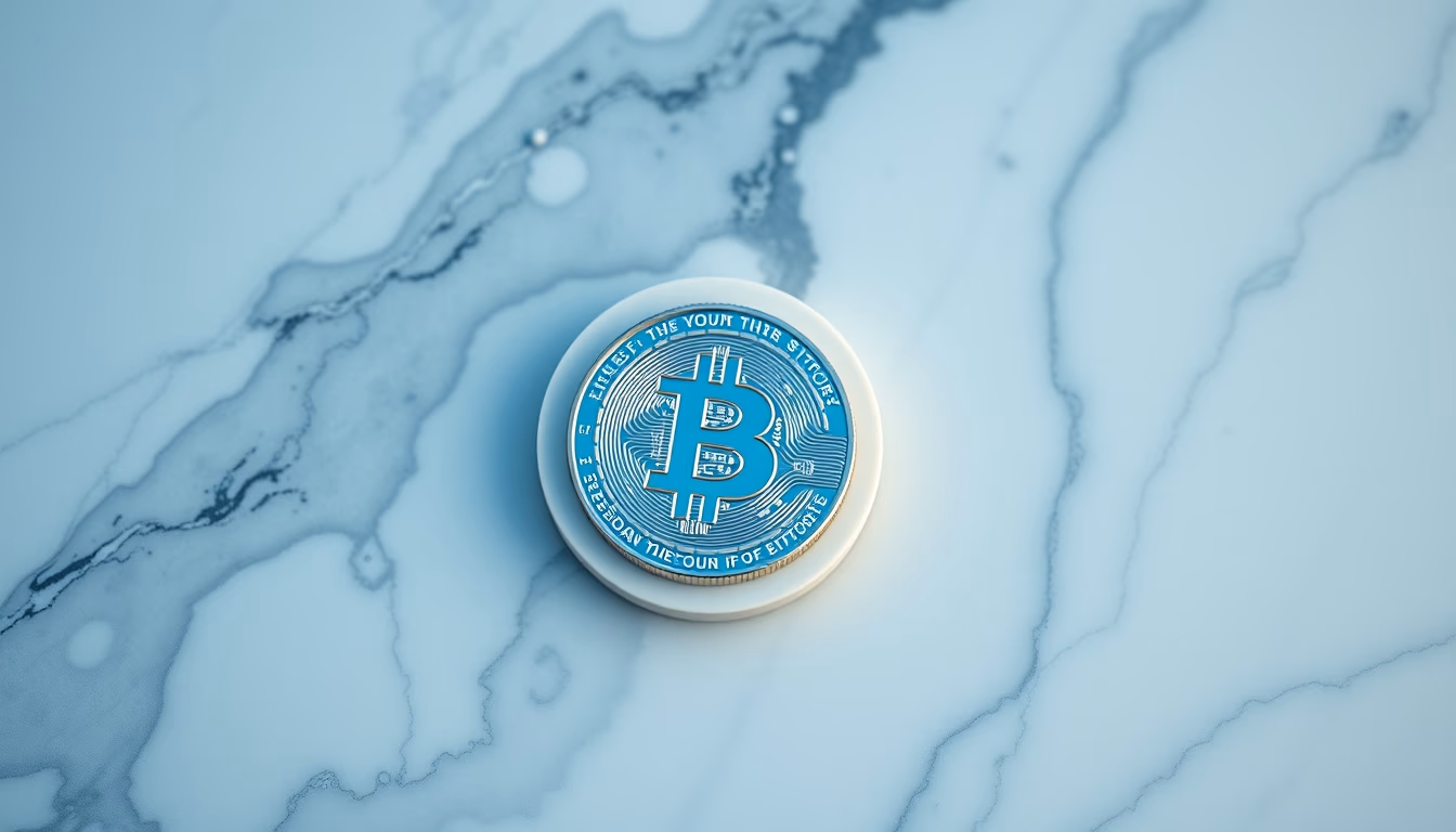 physical bitcoin coin on white marble in editorial style