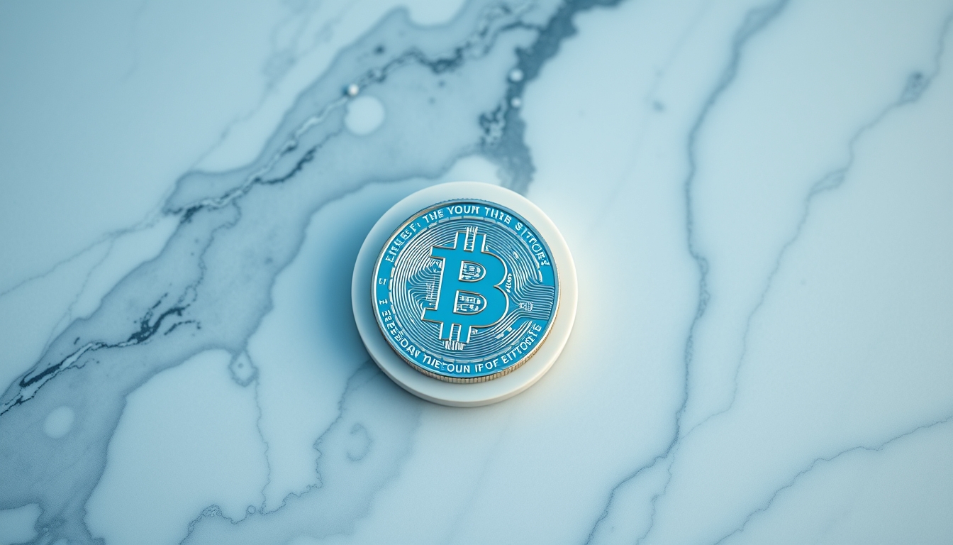 physical bitcoin coin on white marble in editorial style