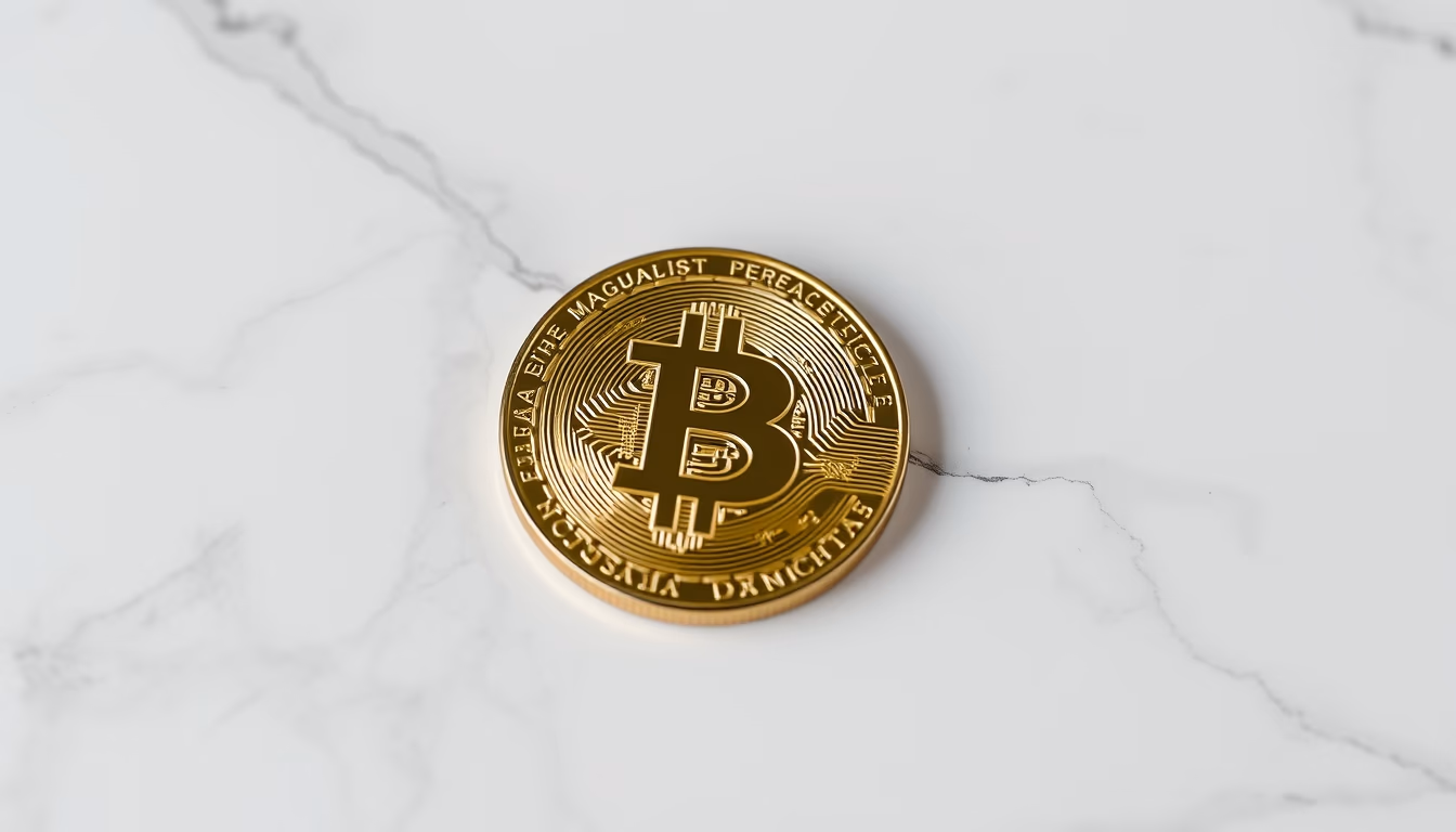physical bitcoin coin on white marble in editorial style