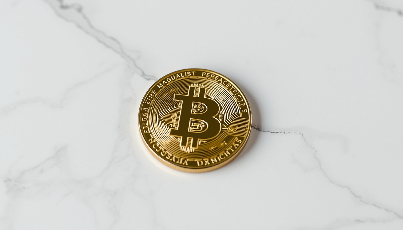 physical bitcoin coin on white marble in editorial style