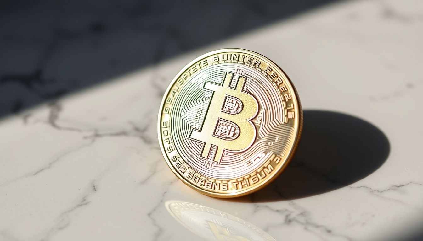 physical bitcoin coin on white marble in editorial style