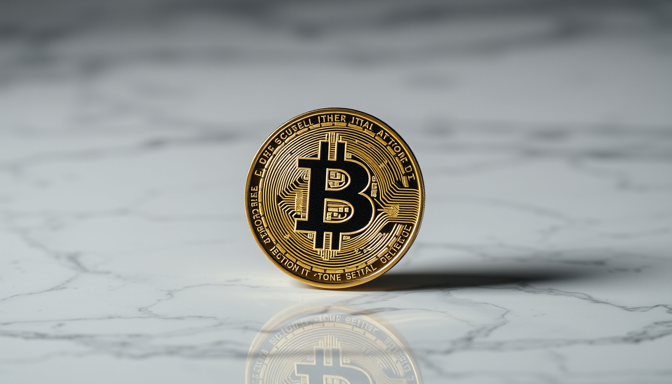 physical bitcoin coin on white marble in editorial style