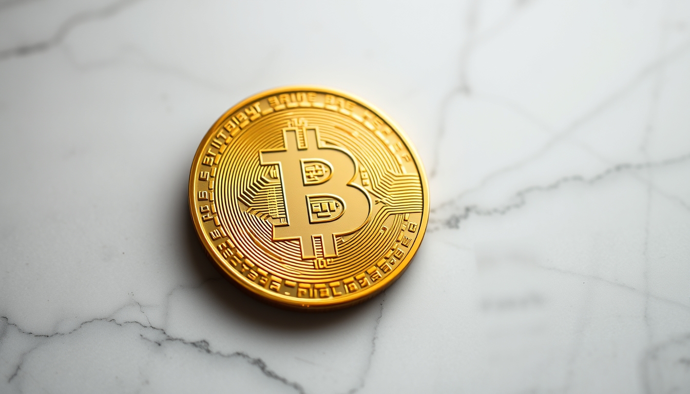 physical bitcoin coin on white marble in editorial style