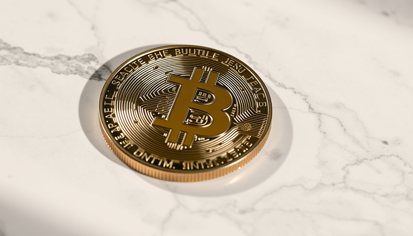physical bitcoin coin on white marble in editorial style