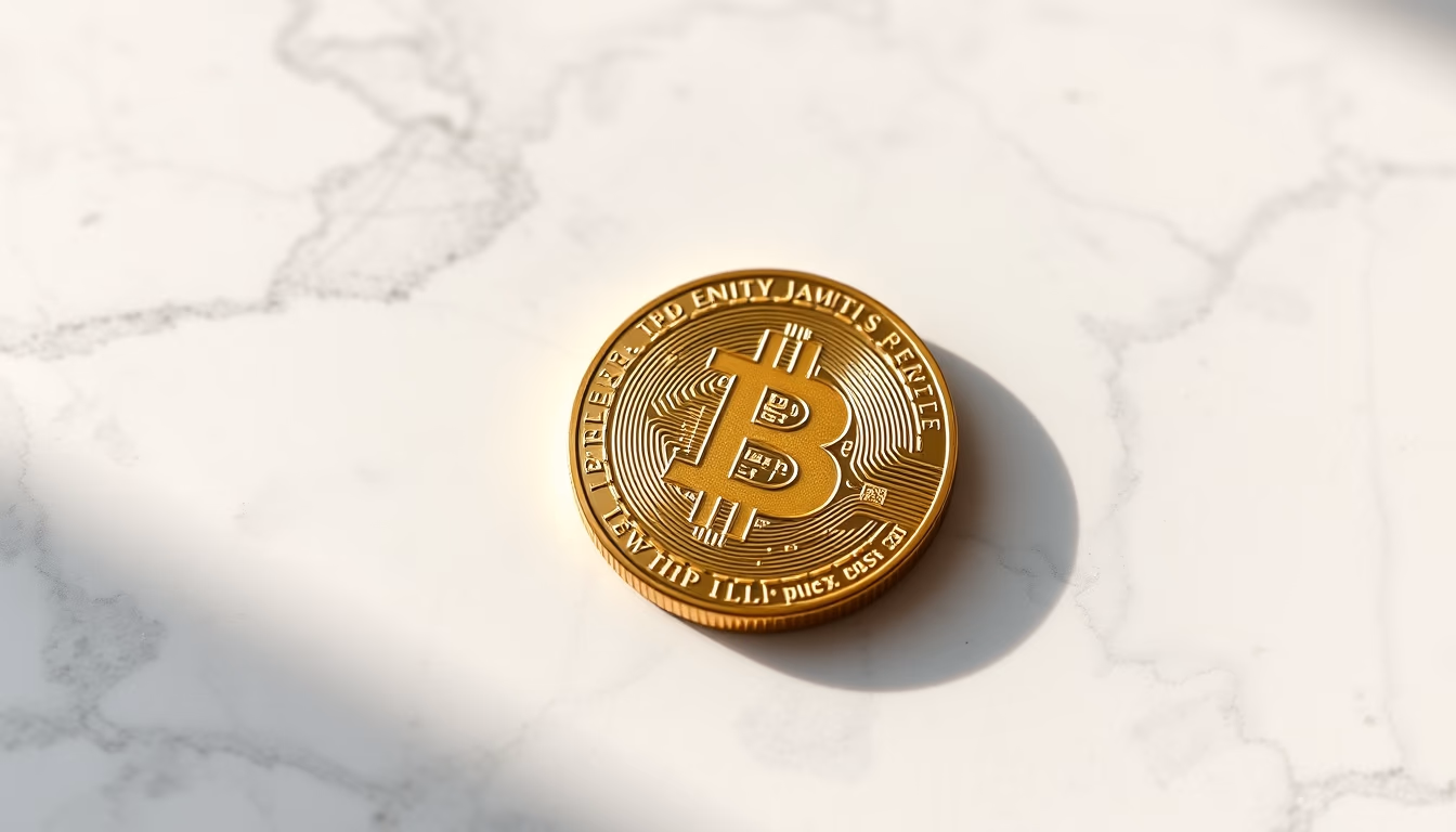 Moeda física de Bitcoin on white marble em estilo editorial