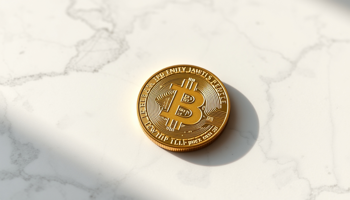 physical bitcoin coin on white marble in editorial style