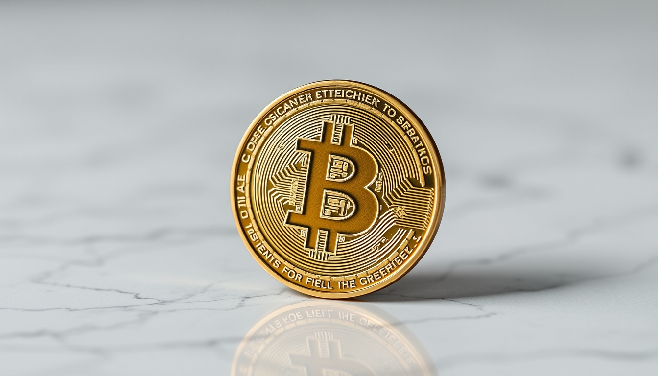 physical bitcoin coin on white marble in editorial style
