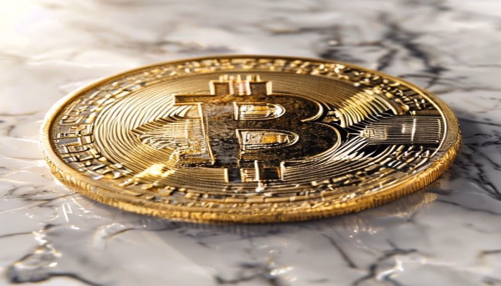 physical bitcoin coin on white marble in editorial style