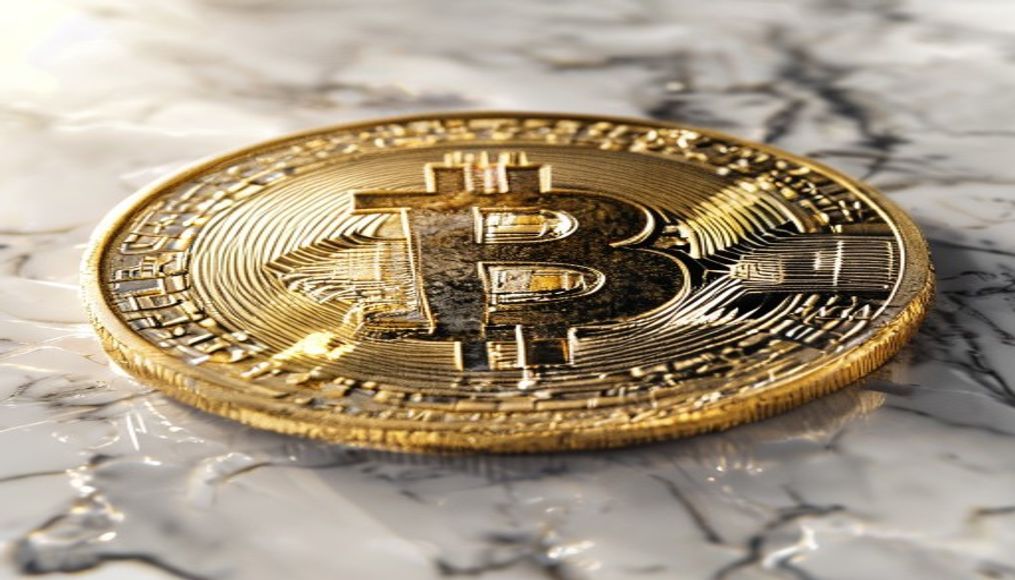 physical bitcoin coin on white marble in editorial style