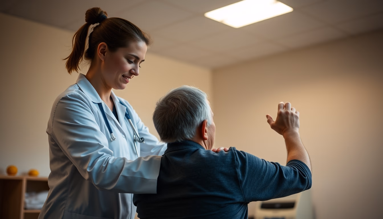 physical therapist helping patient with rehabilitation exercises in editorial style