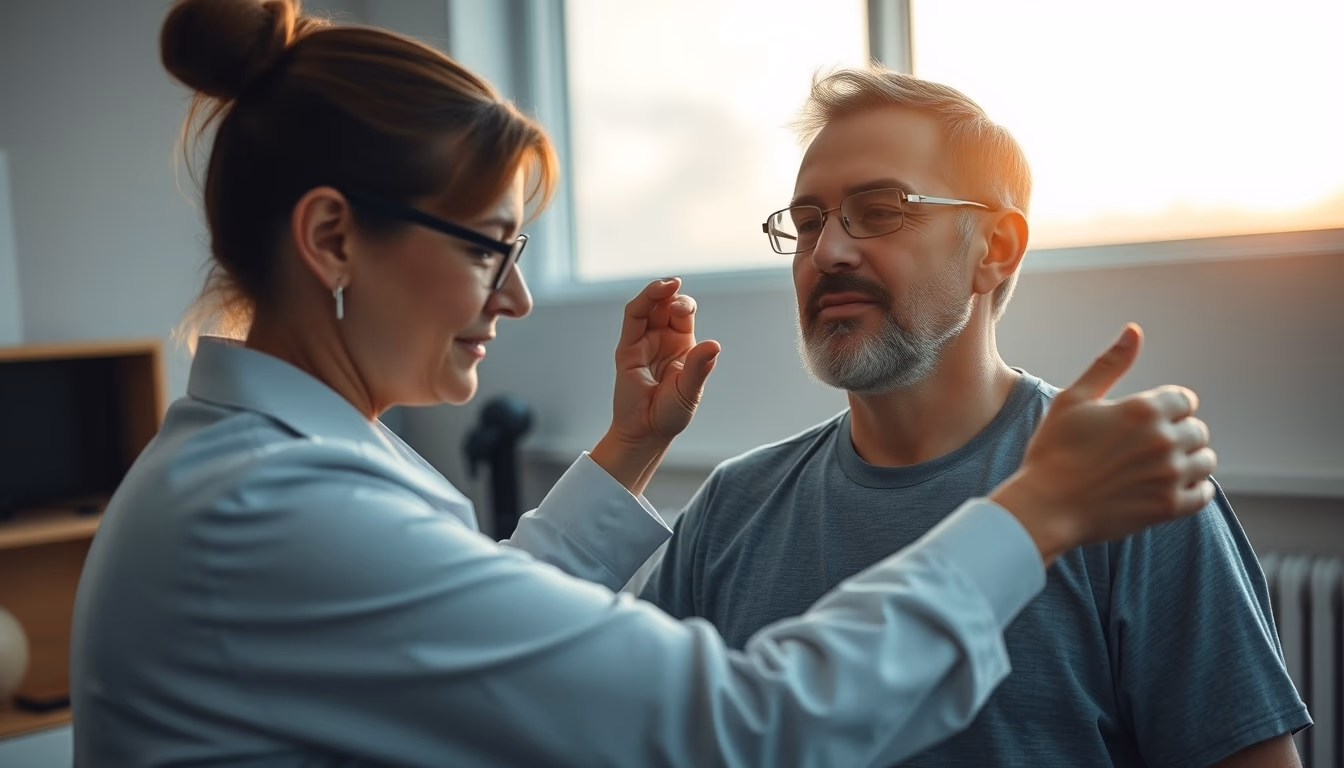 physical therapist helping patient with rehabilitation exercises in editorial style