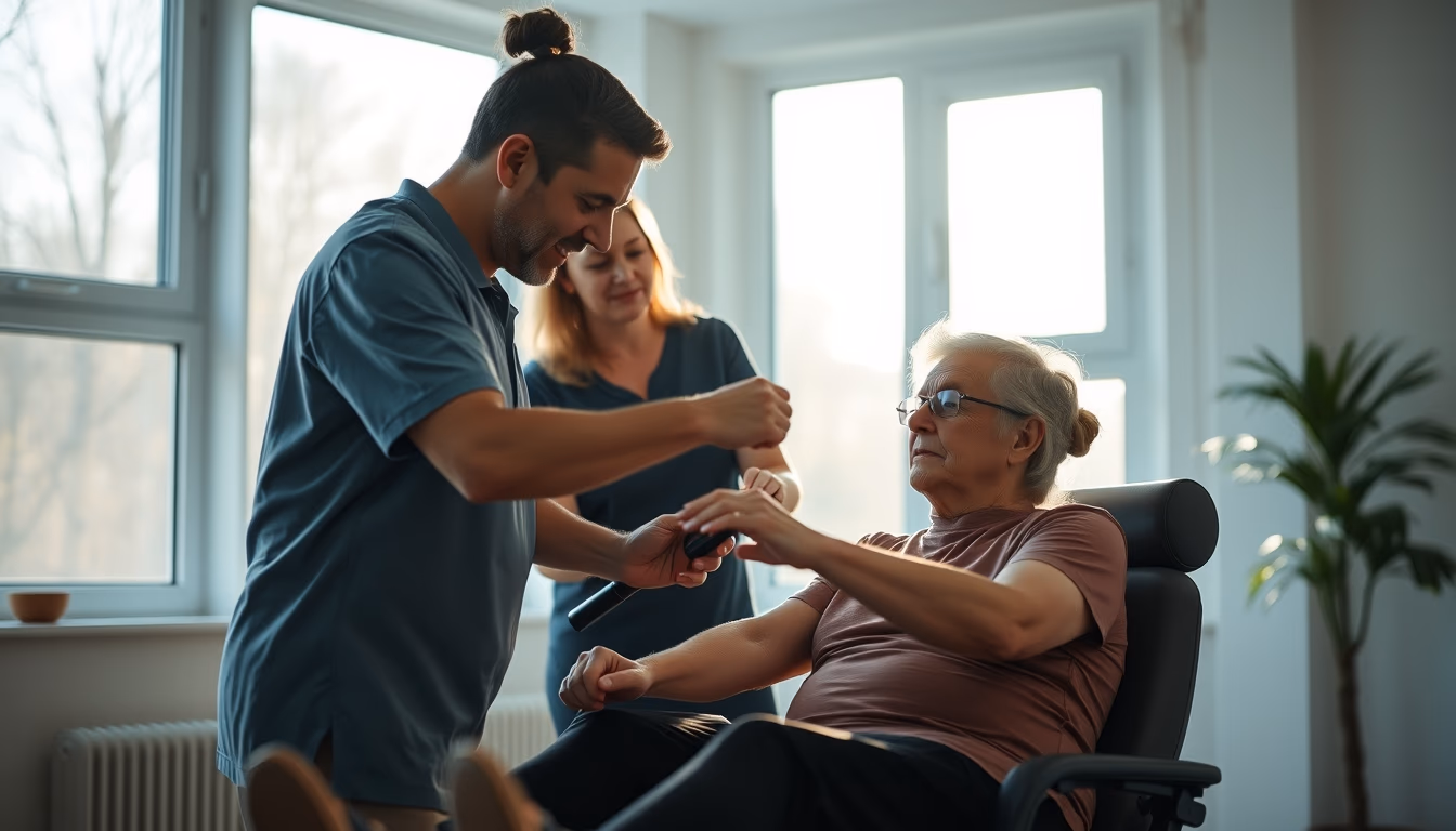 physical therapist helping patient with rehabilitation exercises in editorial style