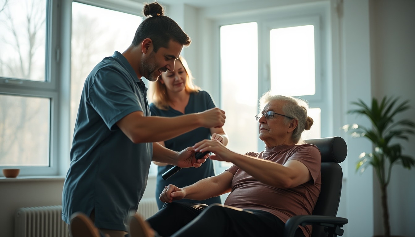 Physical therapist helping patient with rehabilitation exercises em estilo editorial