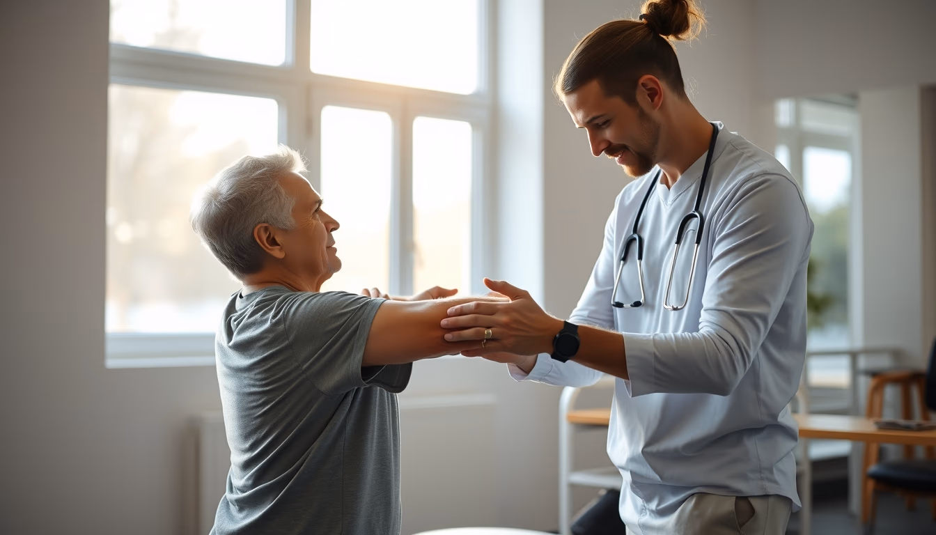 physical therapist helping patient with rehabilitation exercises in editorial style