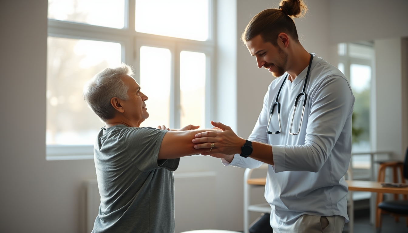 Physical therapist helping patient with rehabilitation exercises em estilo editorial
