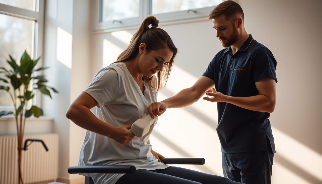 physical therapist helping patient with rehabilitation exercises in editorial style