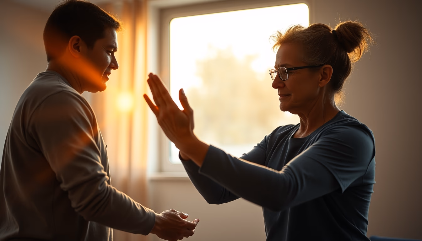 physical therapist helping patient with rehabilitation exercises in editorial style