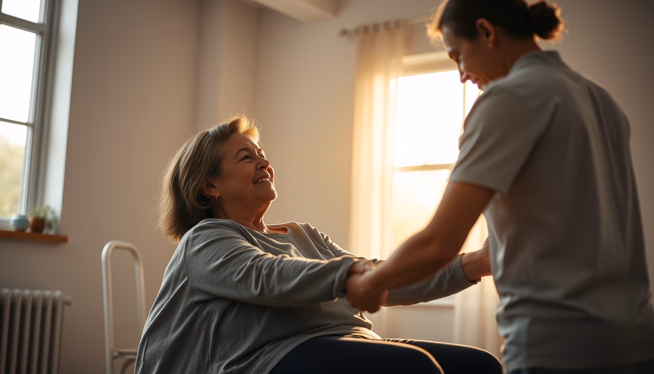 physical therapist helping patient with rehabilitation exercises in editorial style