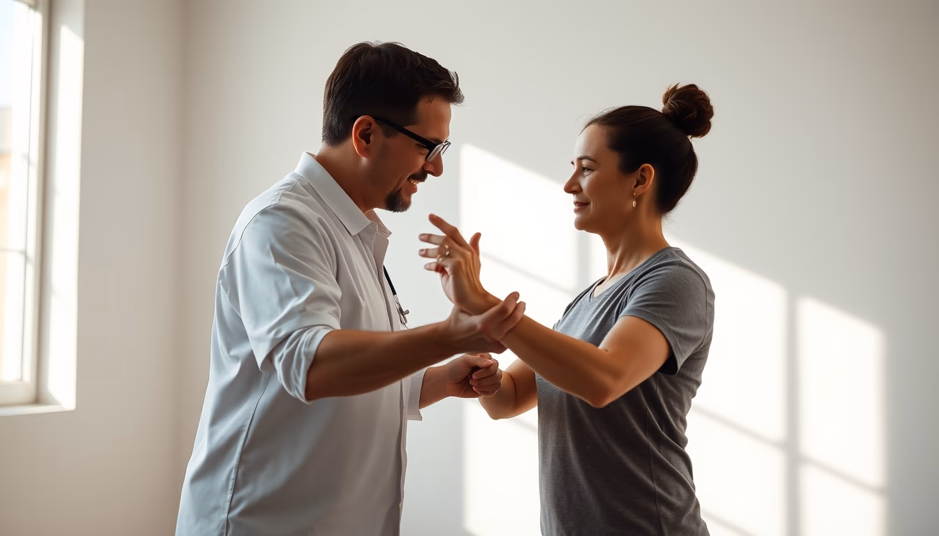 physical therapist helping patient with rehabilitation exercises in editorial style