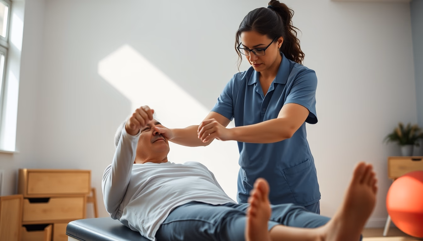 physical therapist helping patient with rehabilitation exercises in editorial style