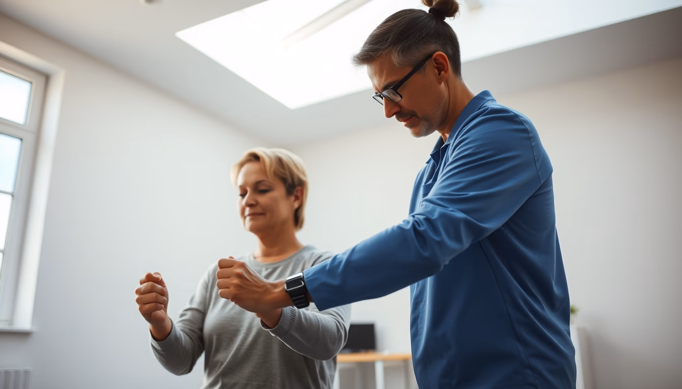 physical therapist helping patient with rehabilitation exercises in editorial style