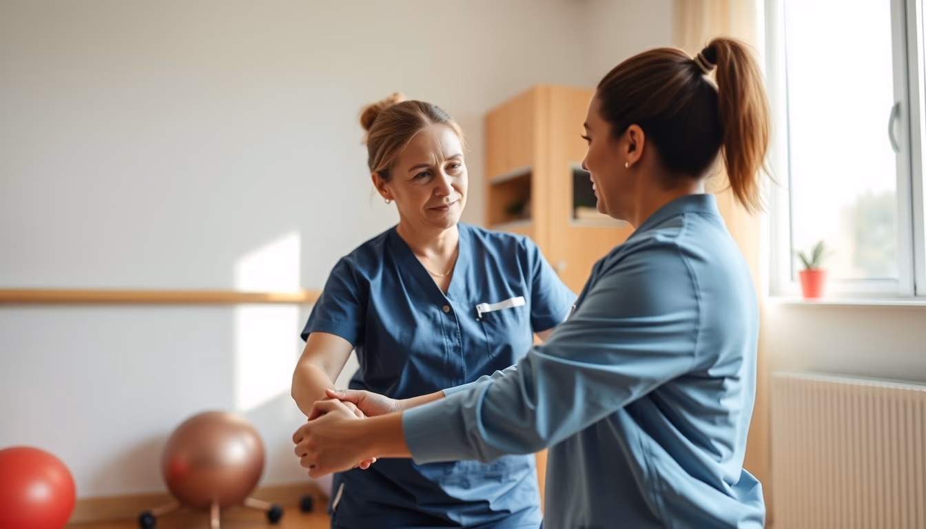 Physical therapist helping patient with rehabilitation exercises em estilo editorial