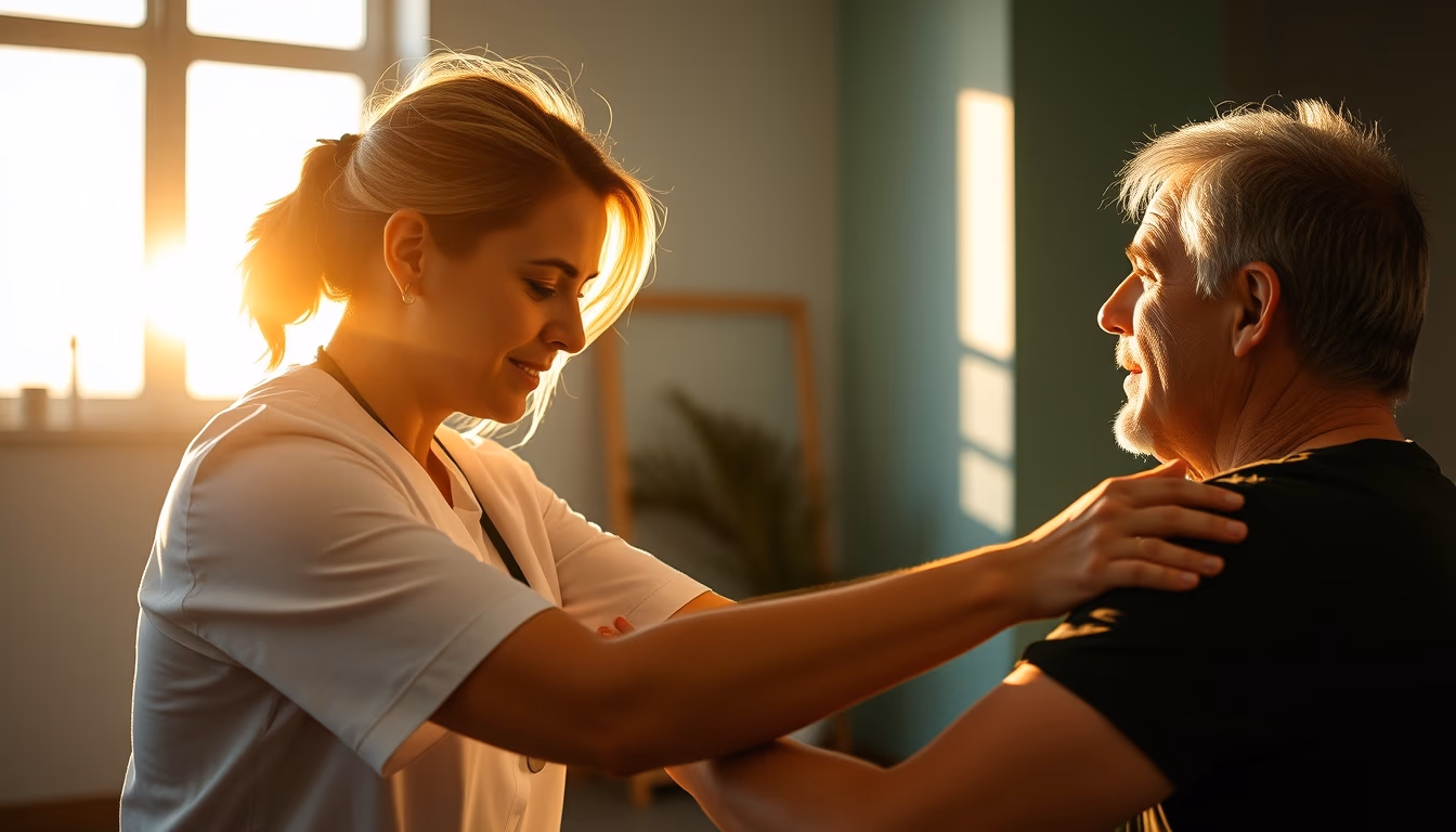 Physical therapist helping patient with rehabilitation exercises em estilo editorial