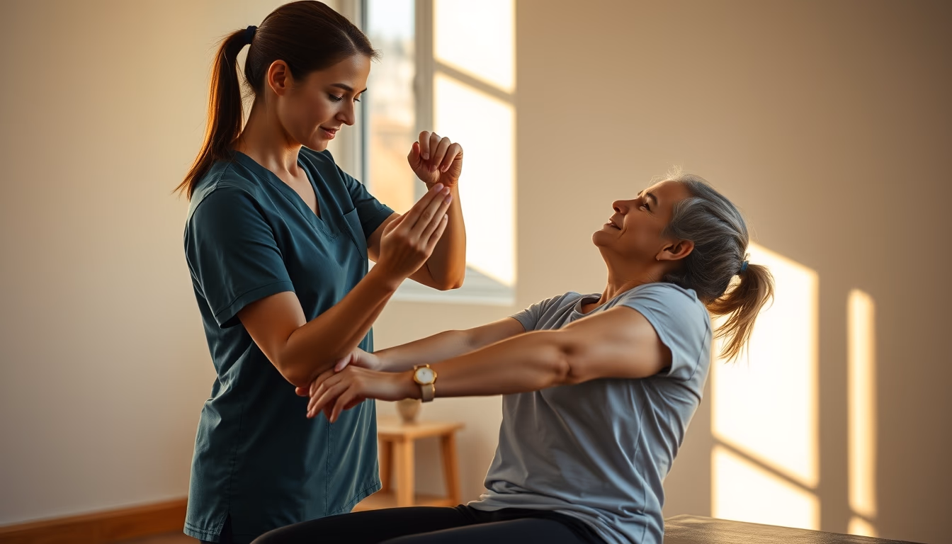Physical therapist helping patient with rehabilitation exercises em estilo editorial