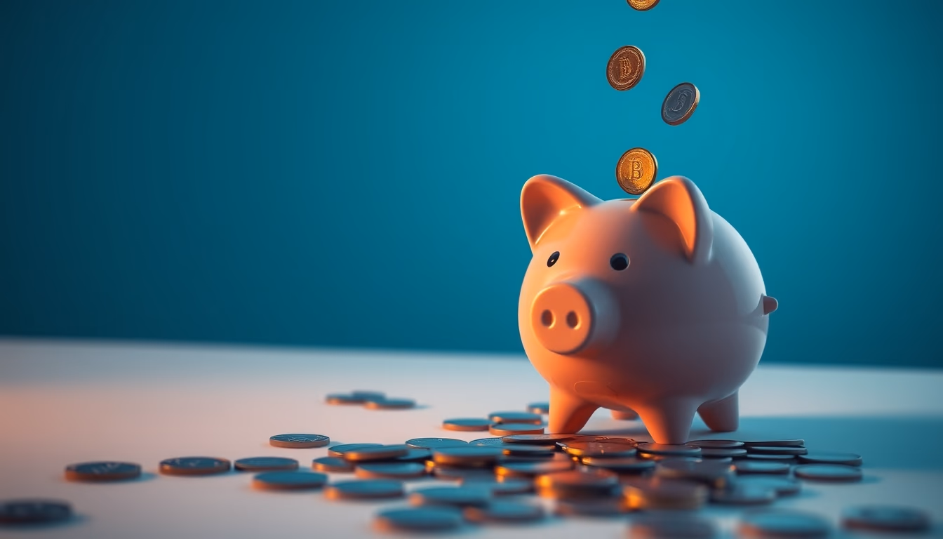 piggy bank with coins falling minimalist in editorial style