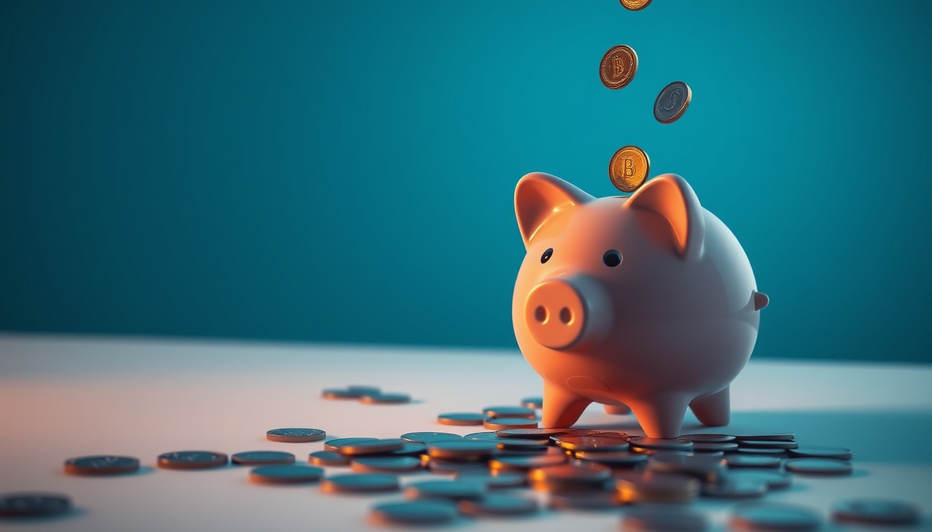 piggy bank with coins falling minimalist in editorial style