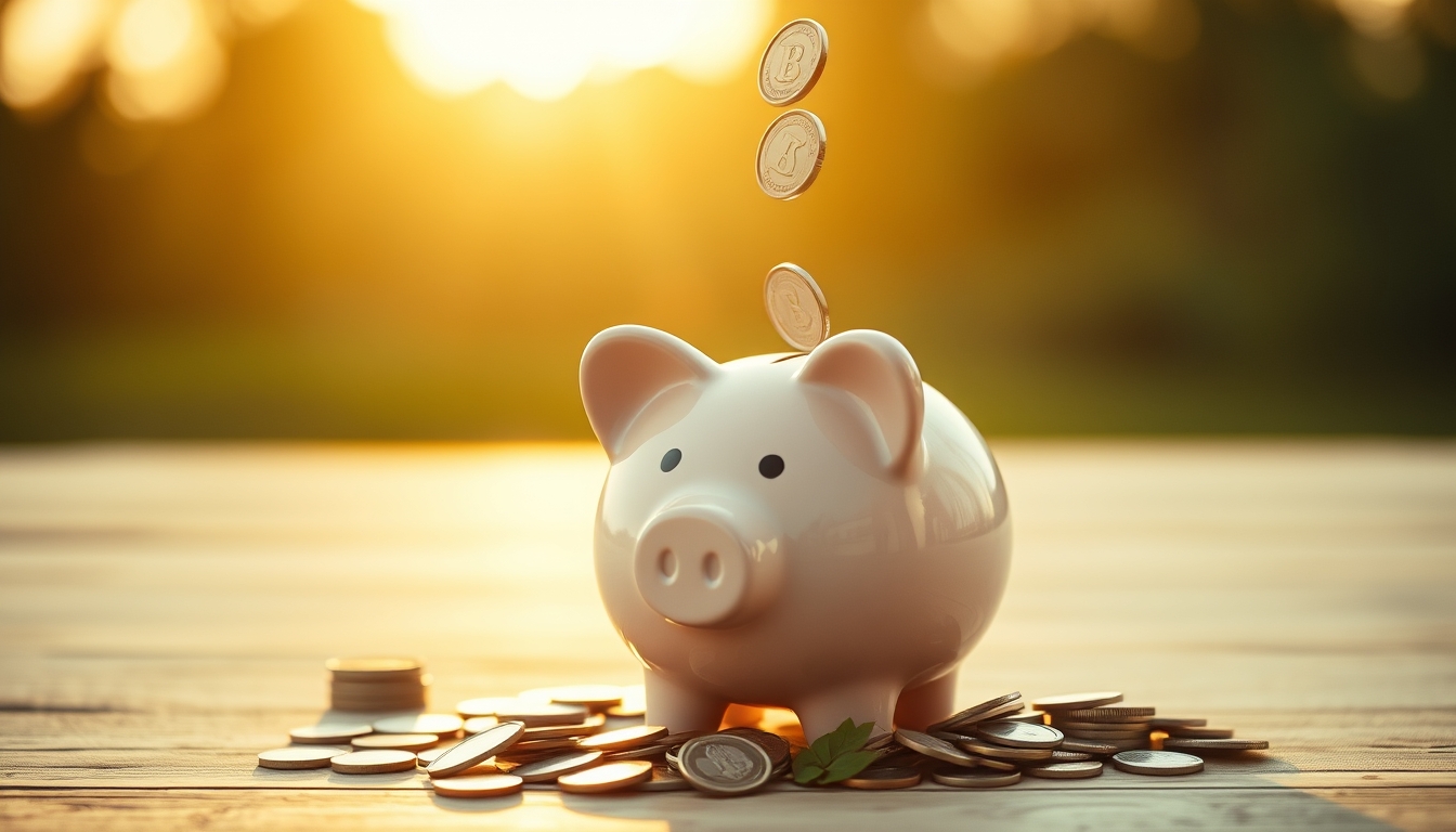 piggy bank with coins falling minimalist in editorial style