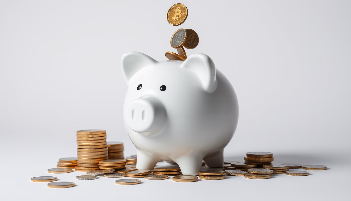 piggy bank with coins falling minimalist in editorial style