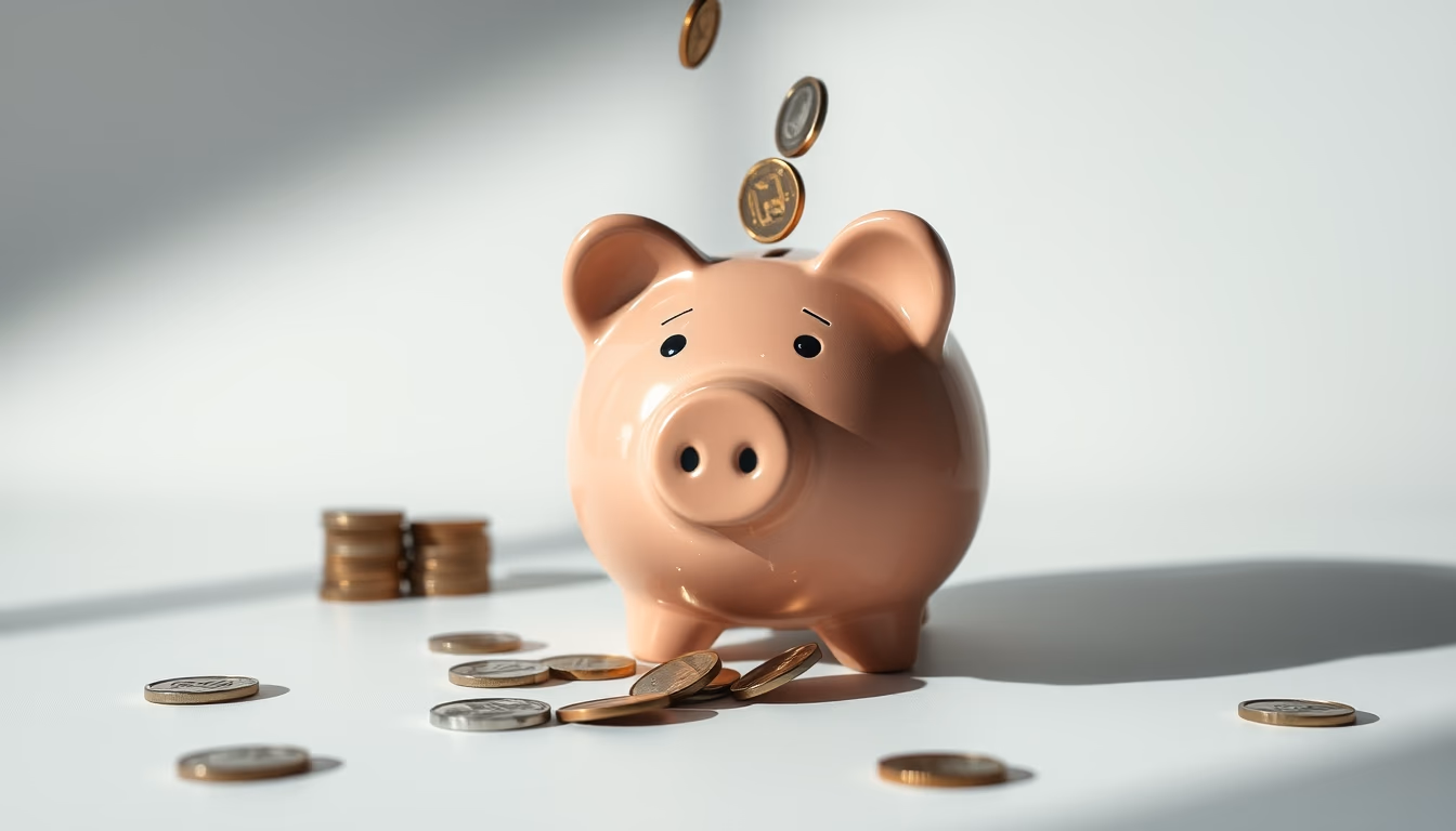 Piggy bank with coins falling minimalist em estilo editorial