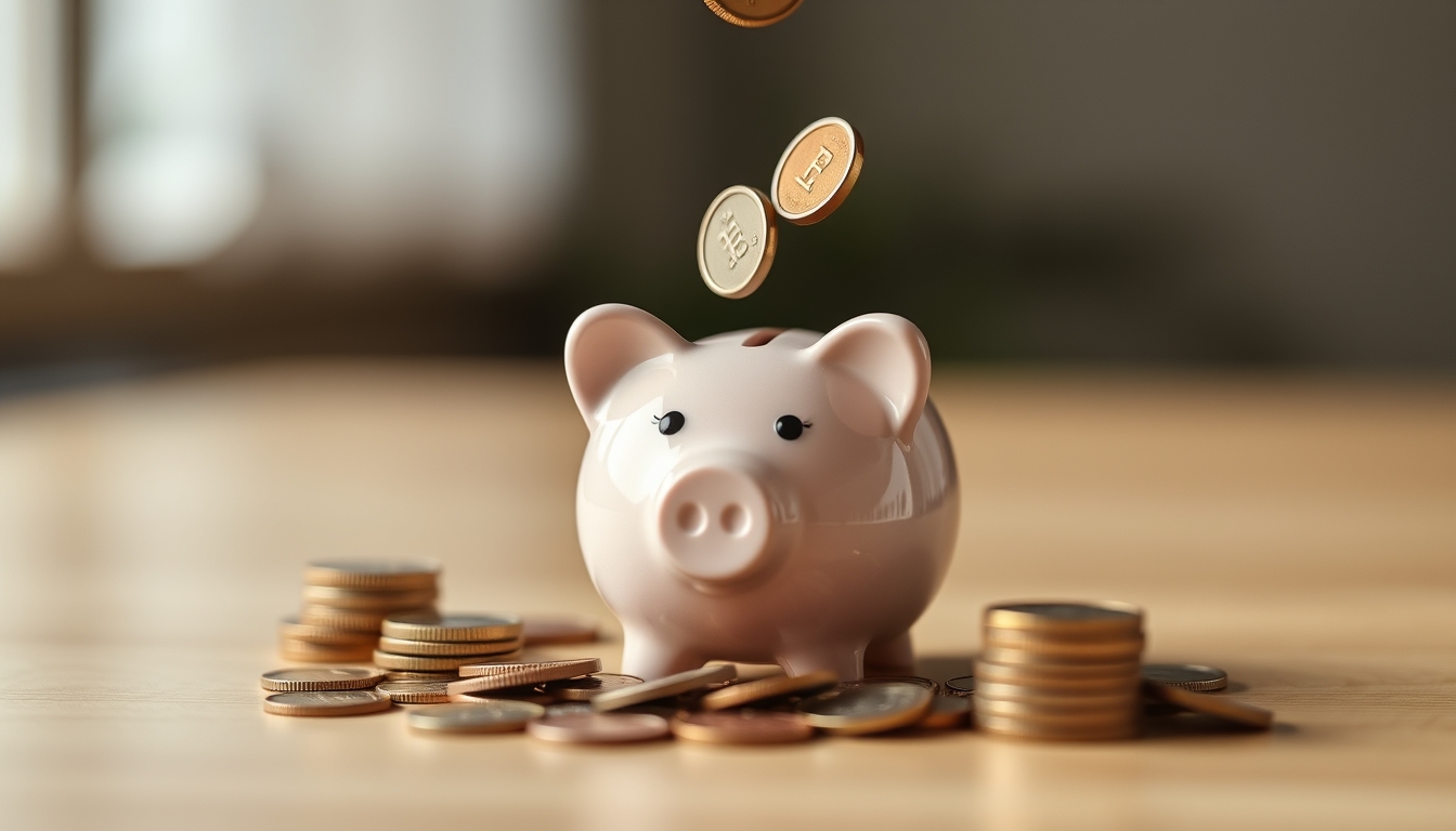 piggy bank with coins falling minimalist in editorial style