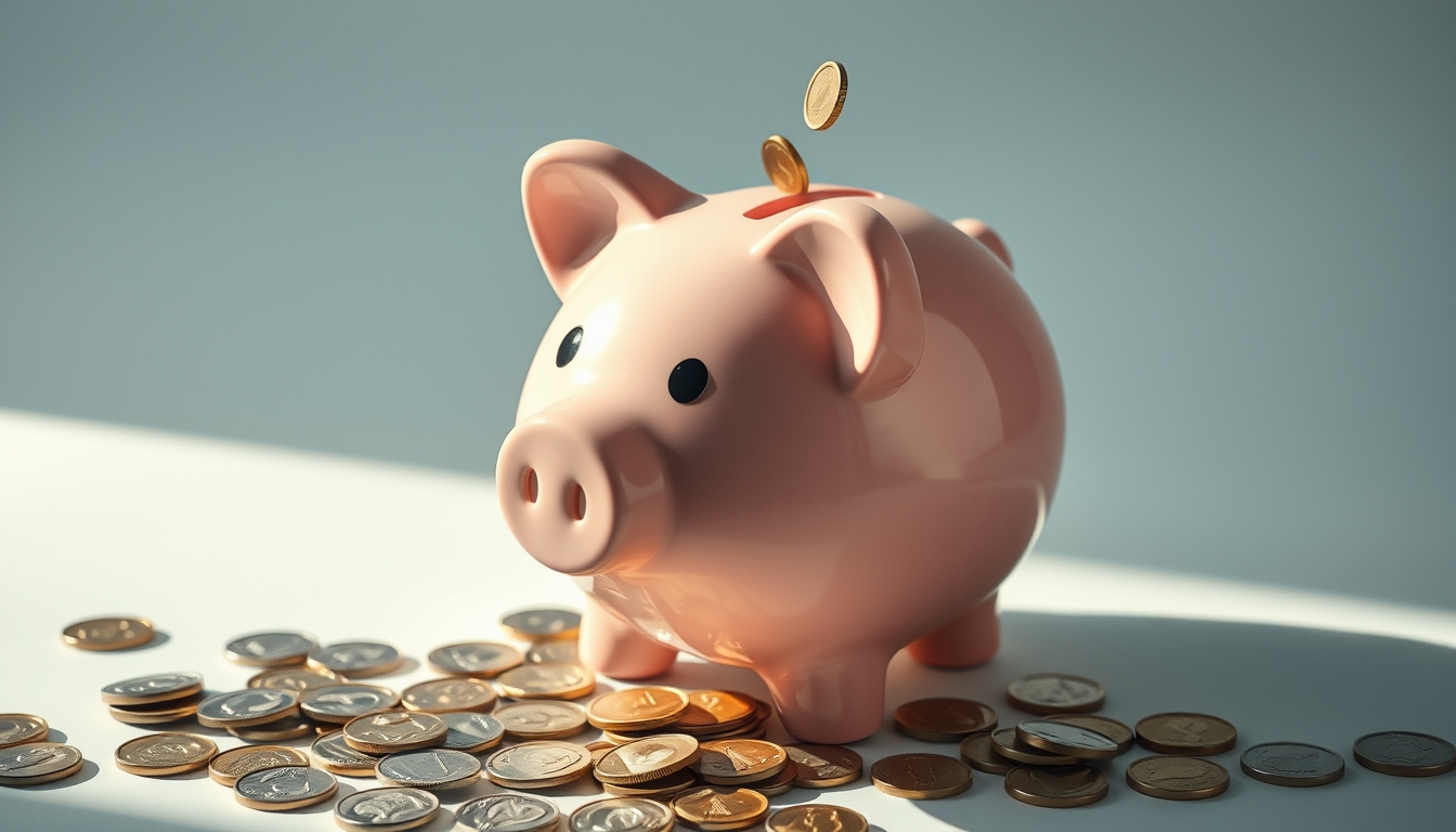 piggy bank with coins falling minimalist in editorial style